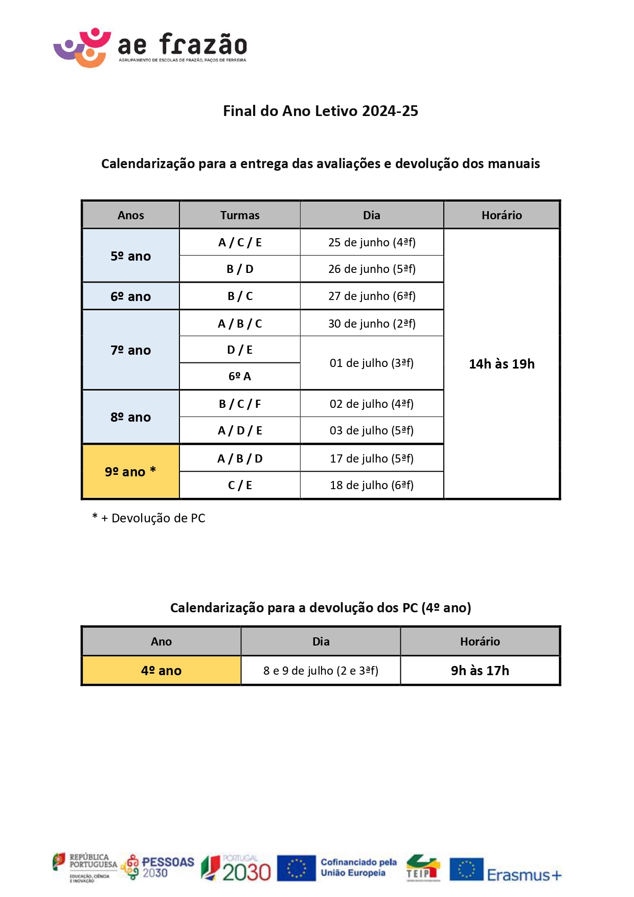 Calendarização_Entrega das Avaliações e devolução de Manuais Escolares